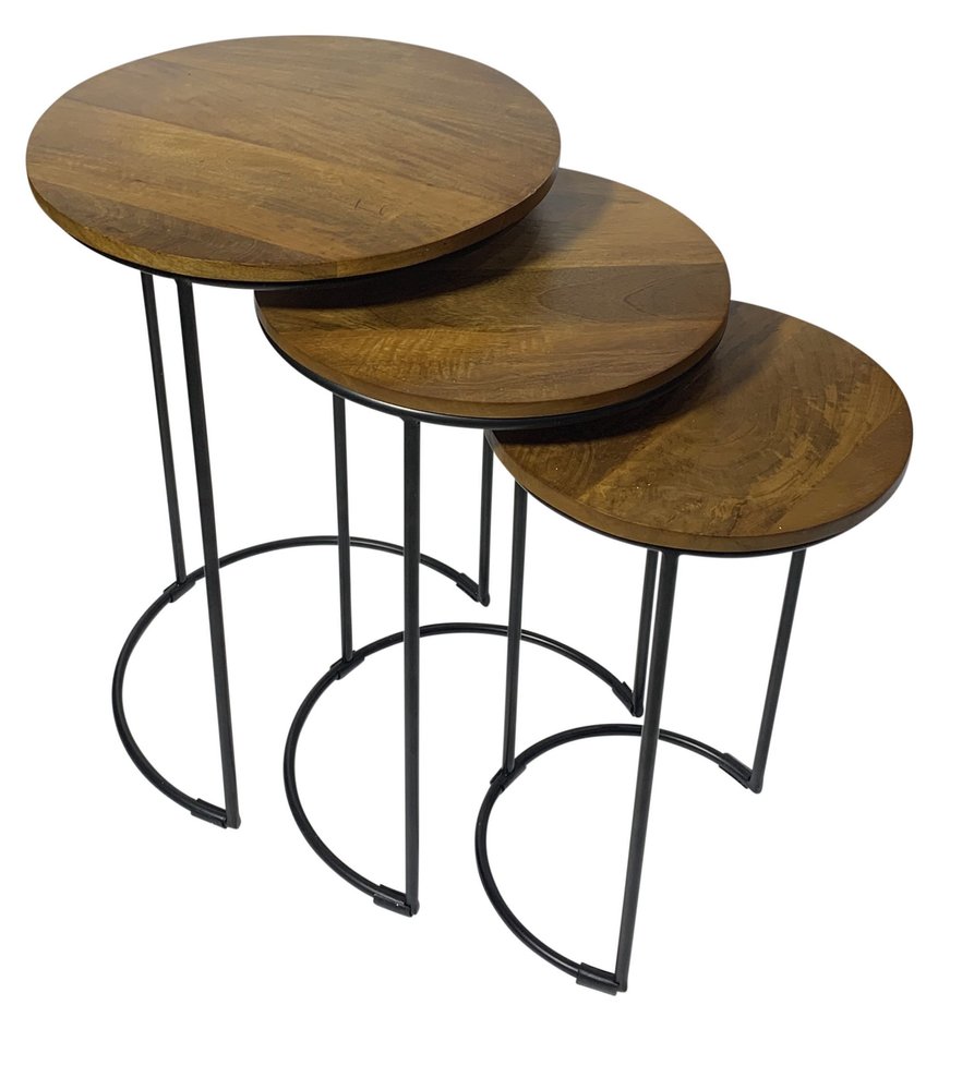Set of Two Chestnut and Black Solid Wood and Metal Round Frame Nested Tables on a white background