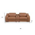 89" Cognac and Silver Italian Leather Power Reclining Loveseat With Storage on a white background