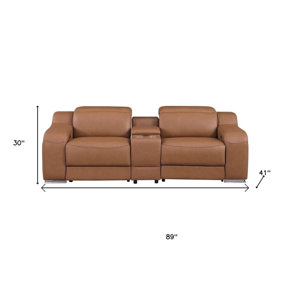 89" cognac and silver Italian leather power reclining loveseat with storage, 30" height, 41" depth.