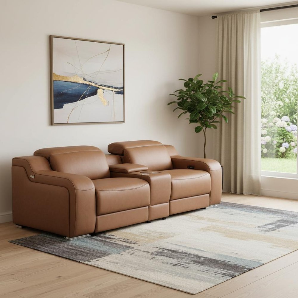 89" Cognac and Silver Italian Leather Power Reclining Loveseat With Storage in a home interior