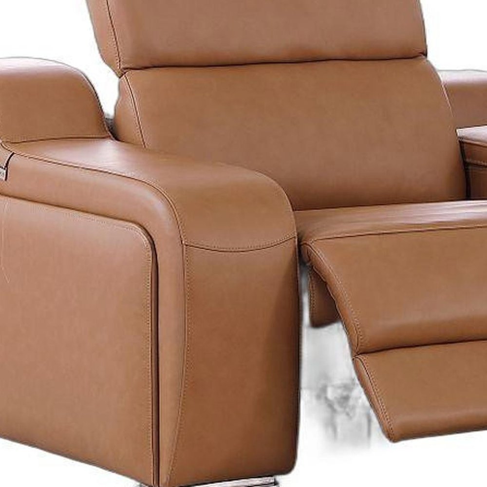 89" Cognac and Silver Italian Leather Power Reclining Loveseat With Storage