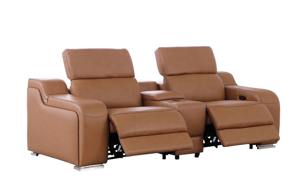 89" Cognac and Silver Italian Leather Power Reclining Loveseat With Storage on a white background