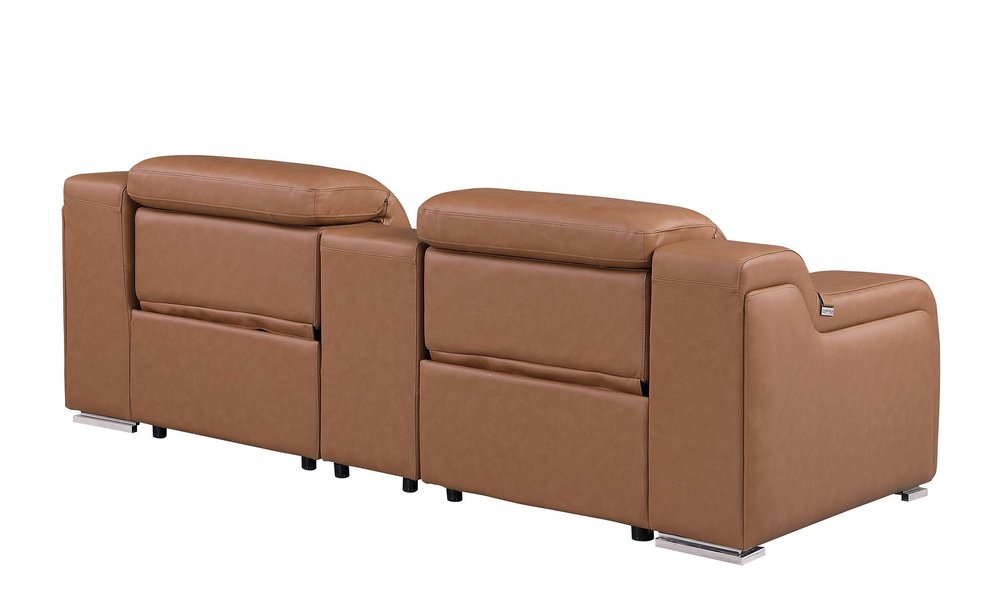 89" Cognac and Silver Italian Leather Power Reclining Loveseat With Storage on a white background