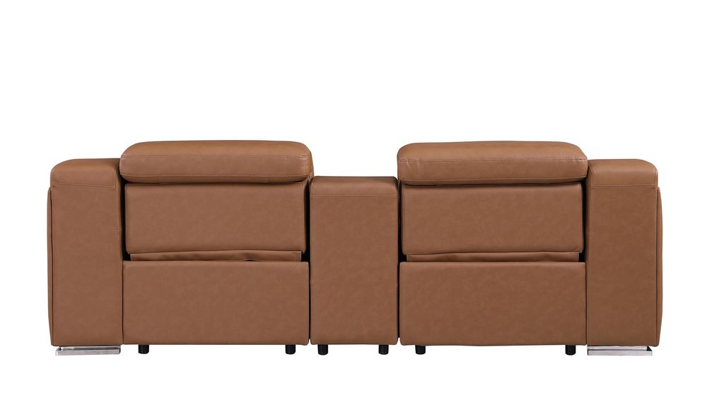 89" Cognac and Silver Italian Leather Power Reclining Loveseat With Storage on a white background