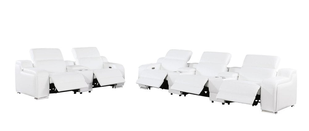 Two white leather reclining theater seats with extended footrests on a white background.