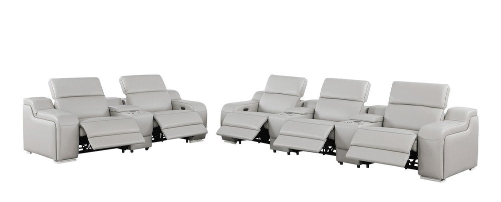Two-piece light gray leather five-person seating set with reclining seats and cup holders on a white background.