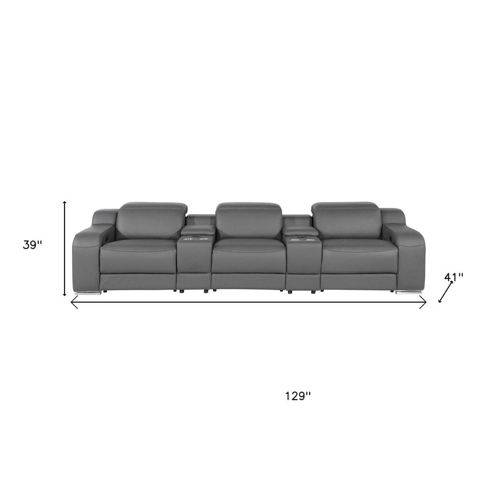 Two Piece Dark Gray Leather Five Person Seating Set