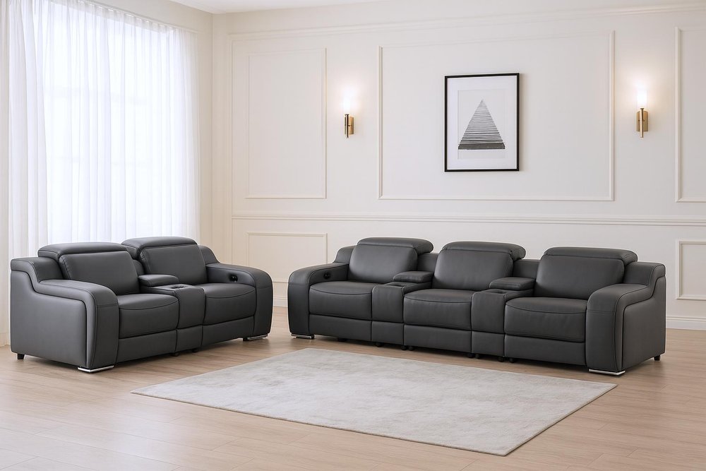 Two Piece Dark Gray Leather Five Person Seating Set