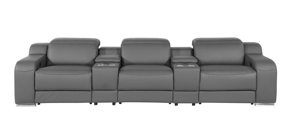 Two Piece Dark Gray Leather Five Person Seating Set