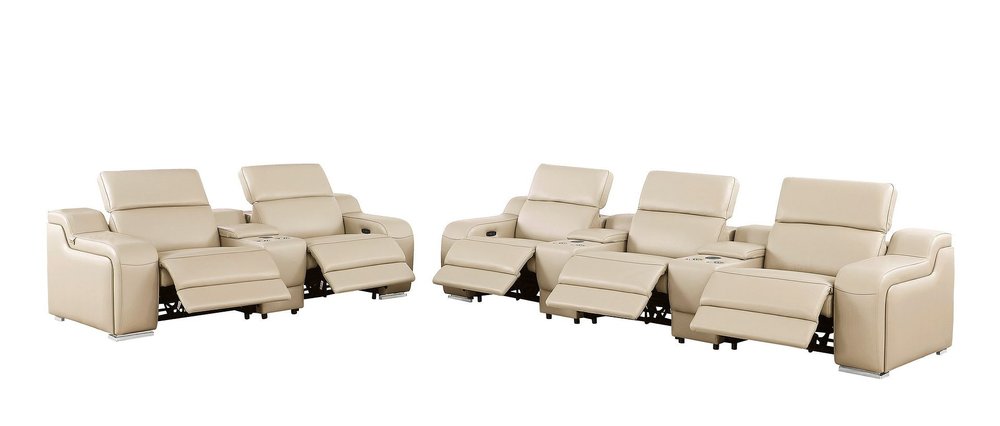Two Piece Beige Leather Five Person Seating Set