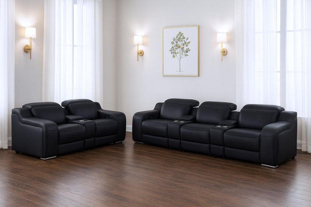 Two Piece Black Leather Five Person Seating Set