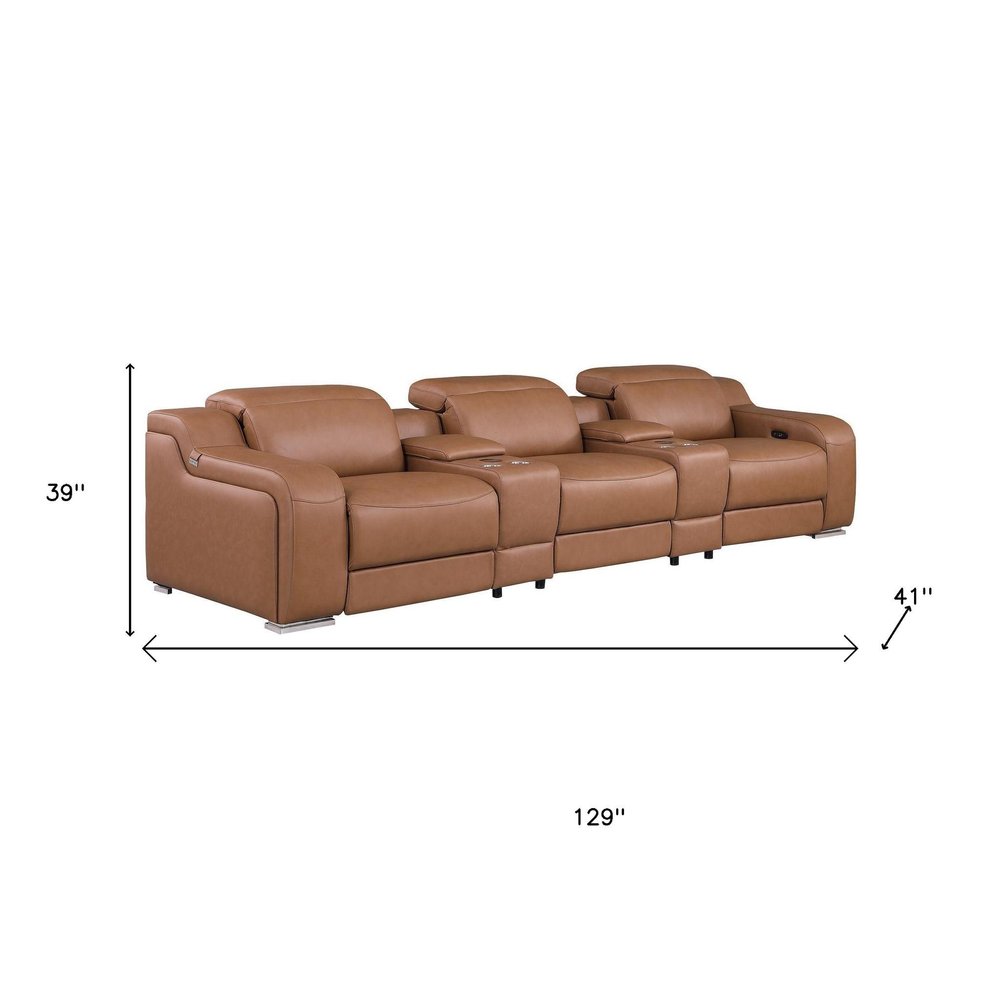 Two Piece Chestnut Leather Five Person Seating Set