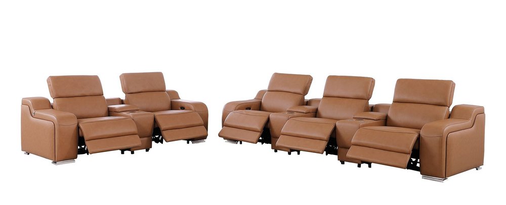 Two Piece Chestnut Leather Five Person Seating Set