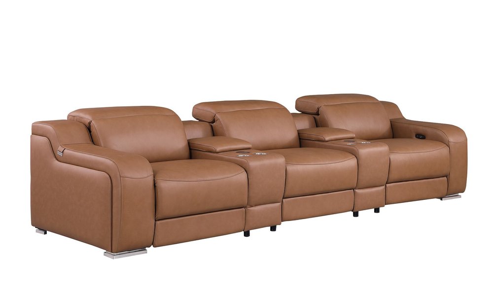 Two Piece Chestnut Leather Five Person Seating Set