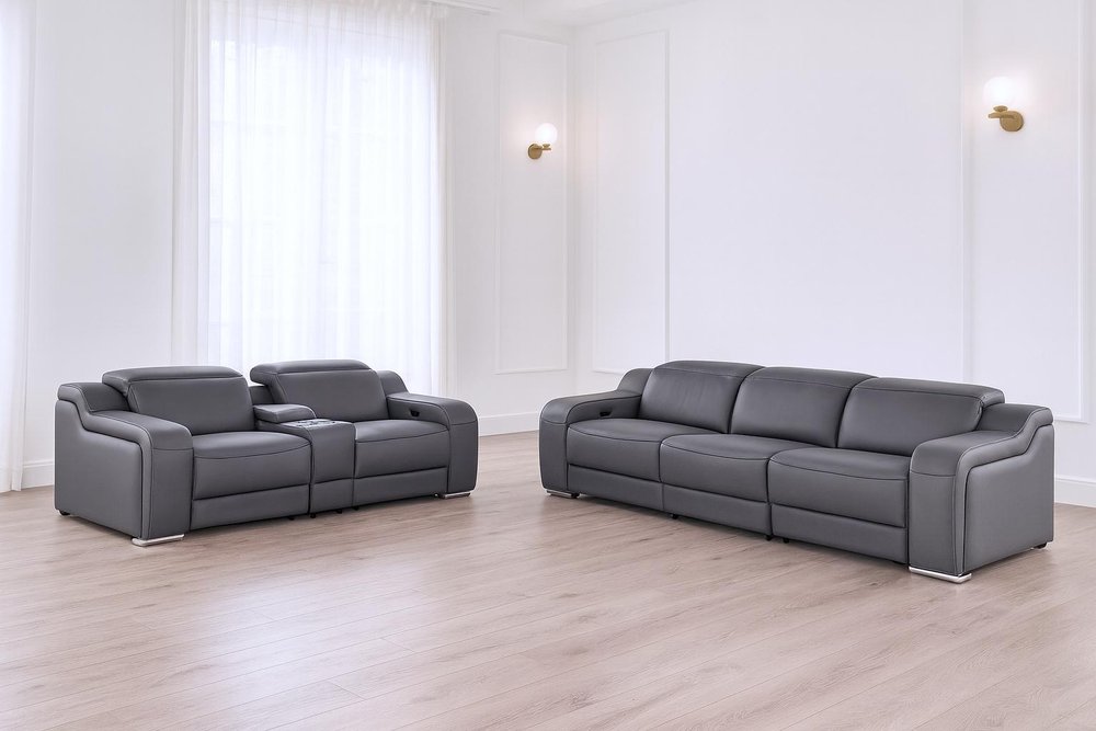Two Piece Dark Gray Leather Five Person Seating Set