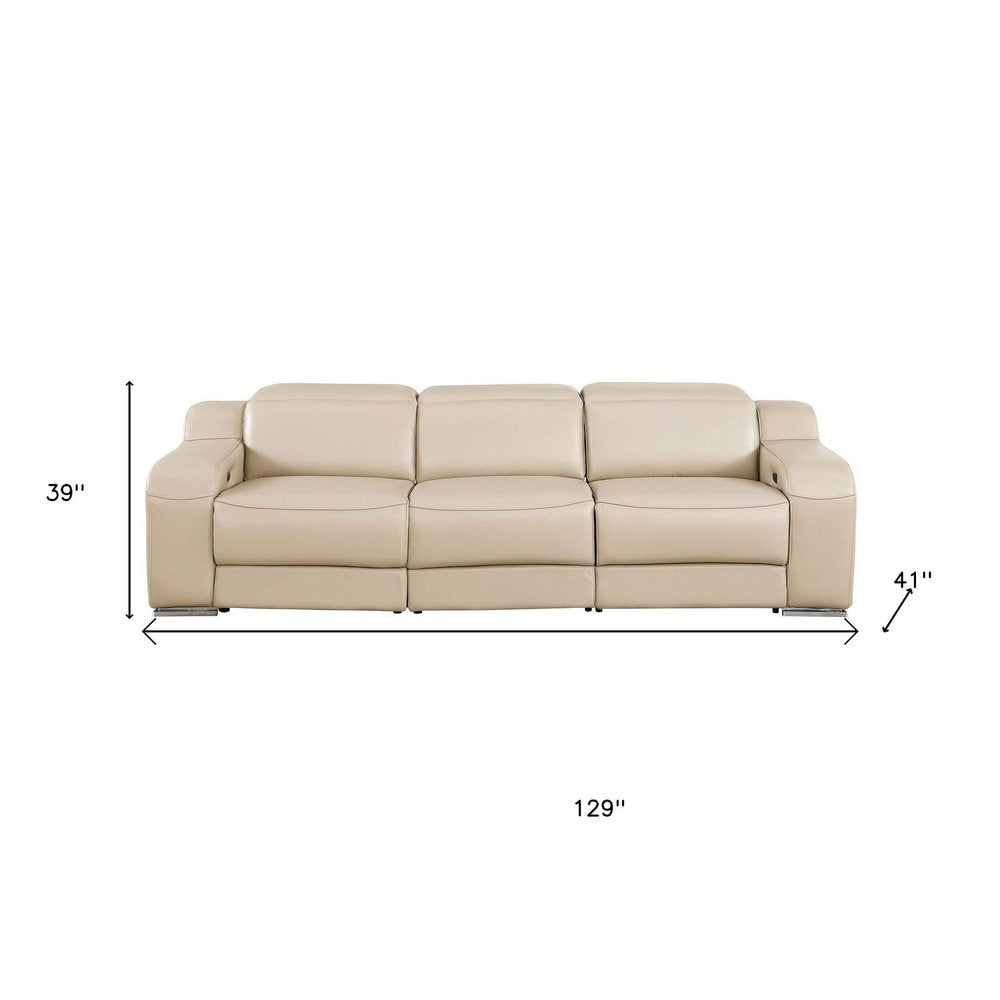 Two Piece Beige Leather Five Person Seating Set