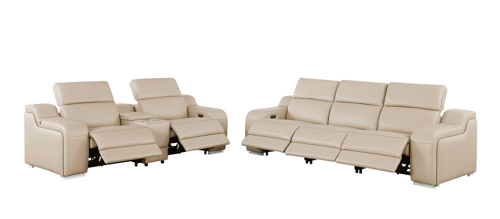 Two Piece Beige Leather Five Person Seating Set