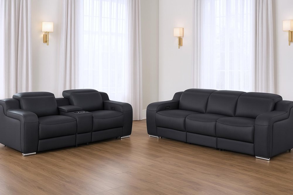 Two Piece Black Leather Five Person Seating Set