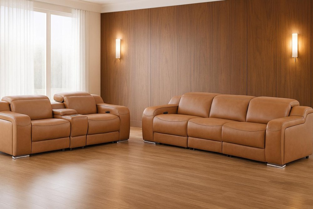 Two Piece Chestnut Leather Five Person Seating Set