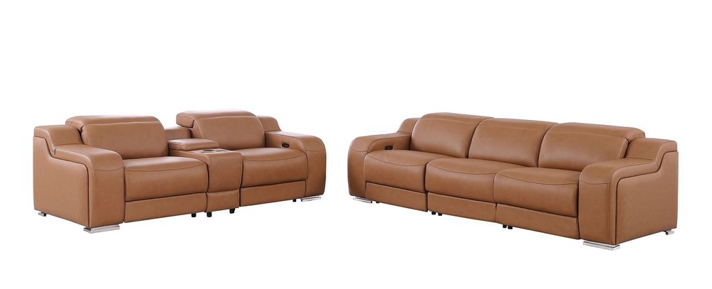 Two Piece Chestnut Leather Five Person Seating Set