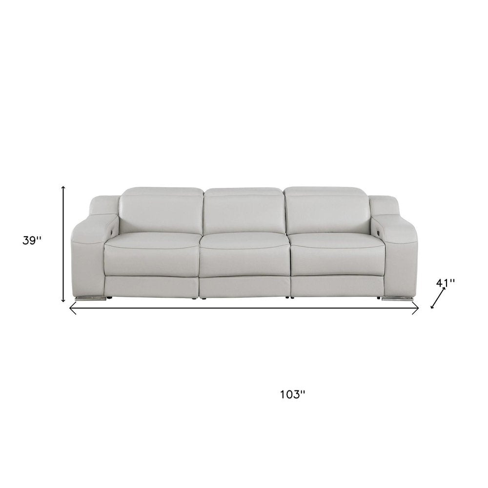 Light gray leather three-seat reclining sofa, 103" wide and 39" high, with a 41" depth measurement.