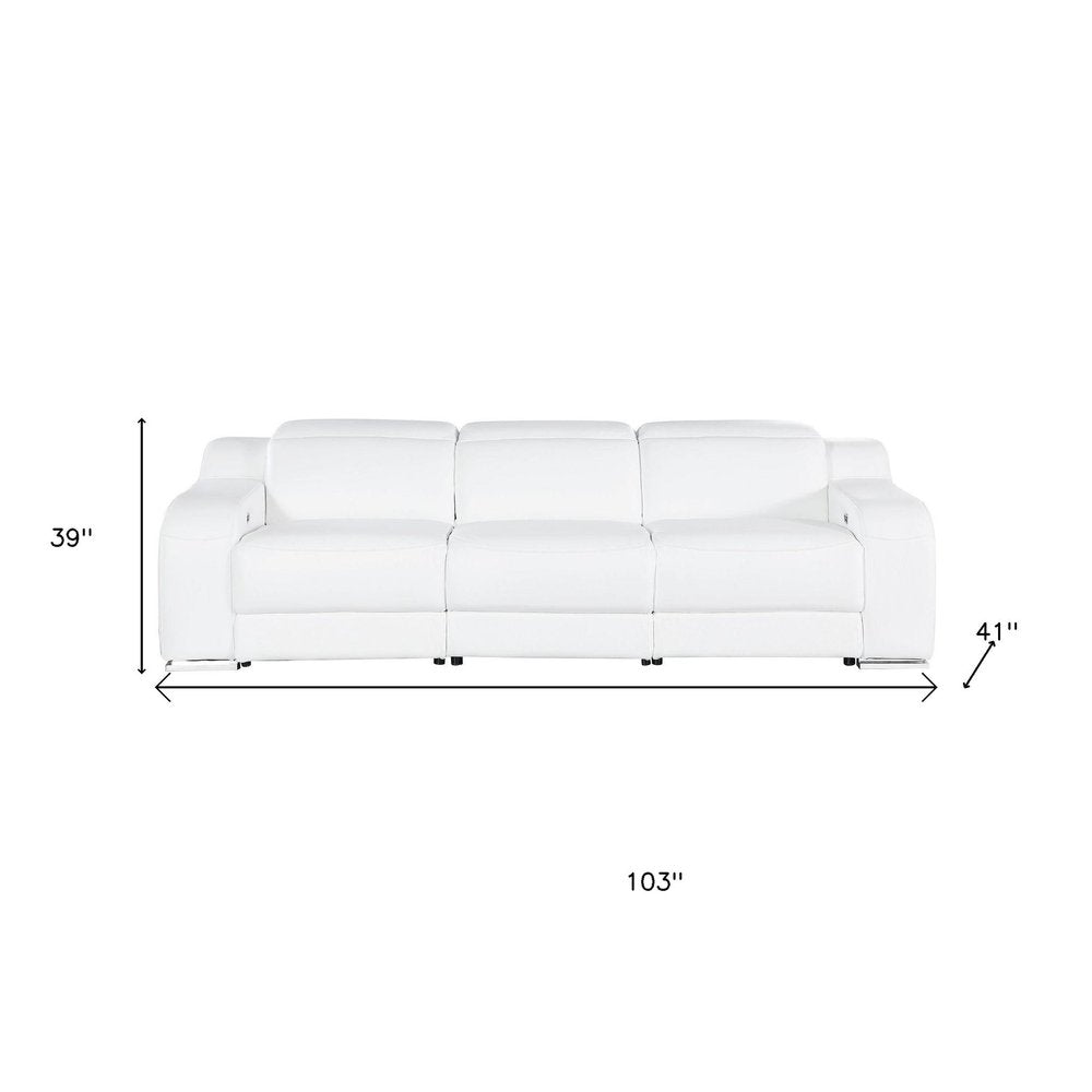 White leather five-person seating set with dimensions 103" W x 39" H x 41" D.