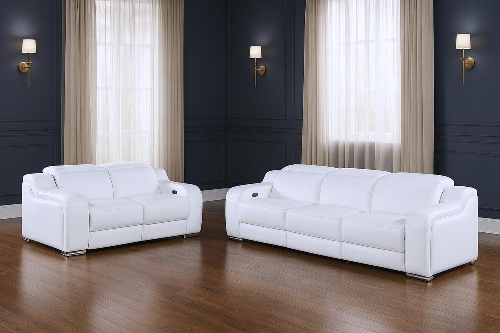 Two Piece White Leather Five Person Seating Set - 39.00" H x 103.00" W x 41.00" D