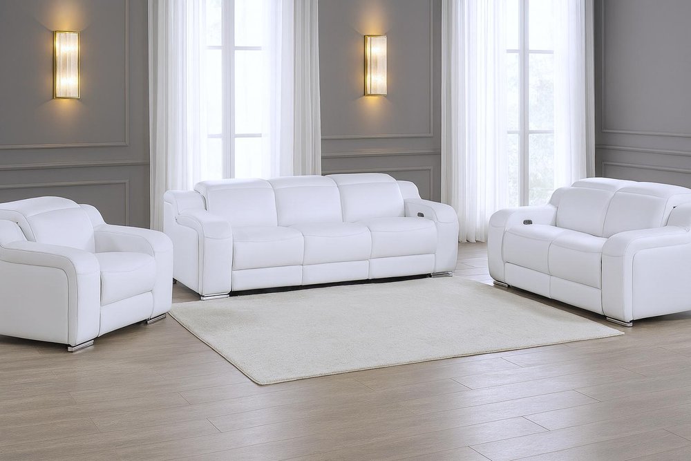 Three Piece White Leather Six Person Seating Set