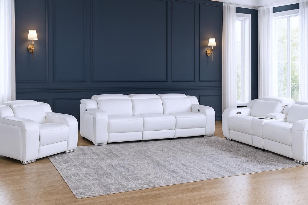 Three Piece White Leather Six Person Seating Set