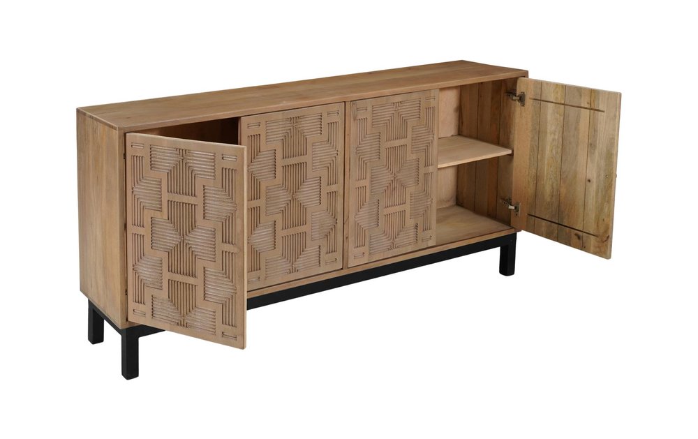 80" Brown Solid Wood Carved Geometric Sideboard with Four Doors on a white background
