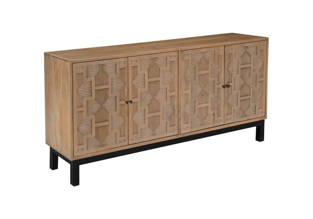80" Brown Solid Wood Carved Geometric Sideboard with Four Doors on a white background