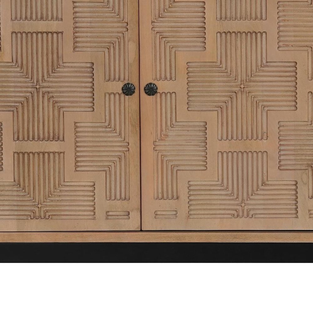 80" Brown Solid Wood Carved Geometric Sideboard with Four Doors close-up detail