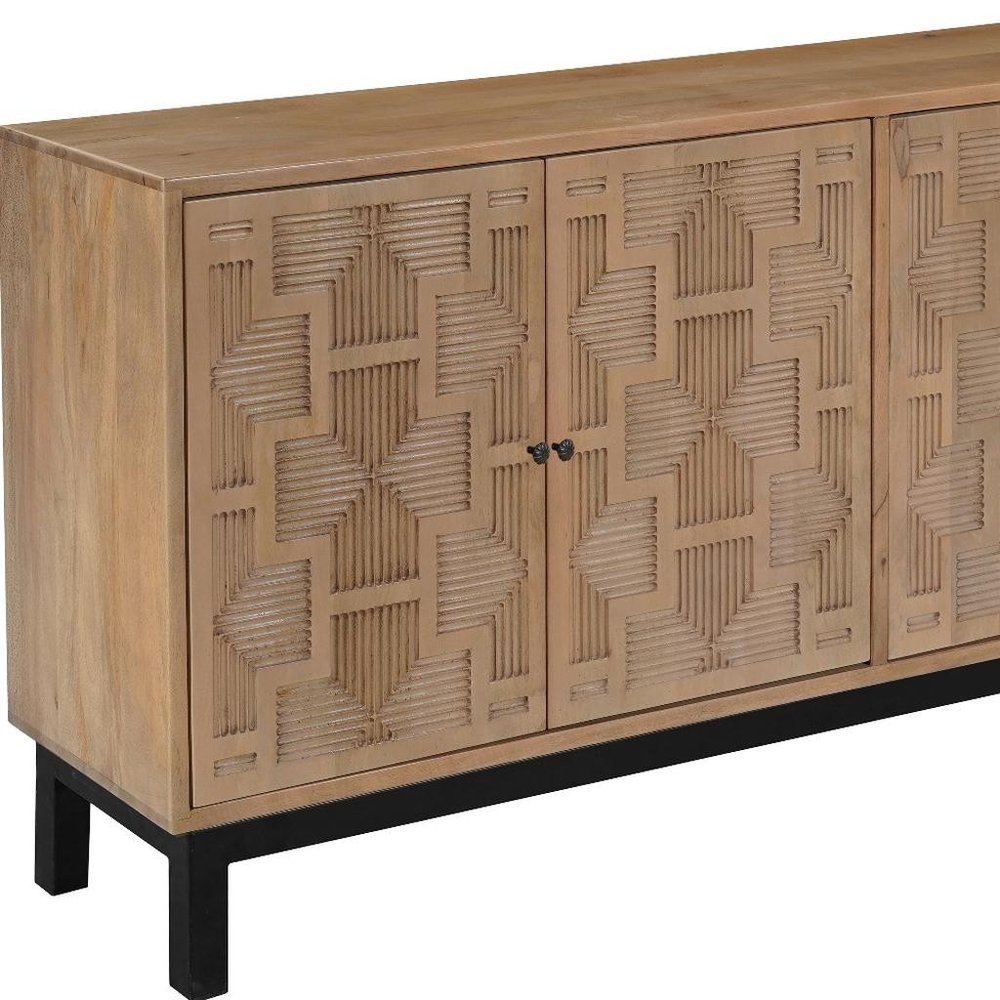80" Brown Solid Wood Carved Geometric Sideboard with Four Doors on a white background