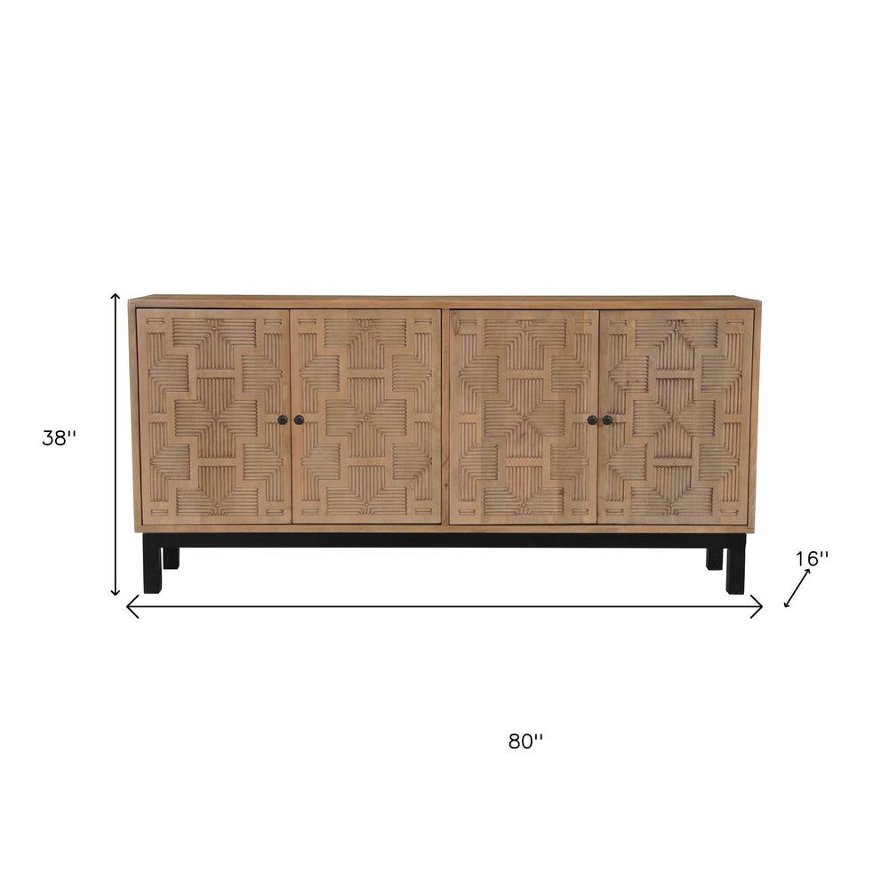 80" Brown Solid Wood Carved Geometric Sideboard with Four Doors on a white background