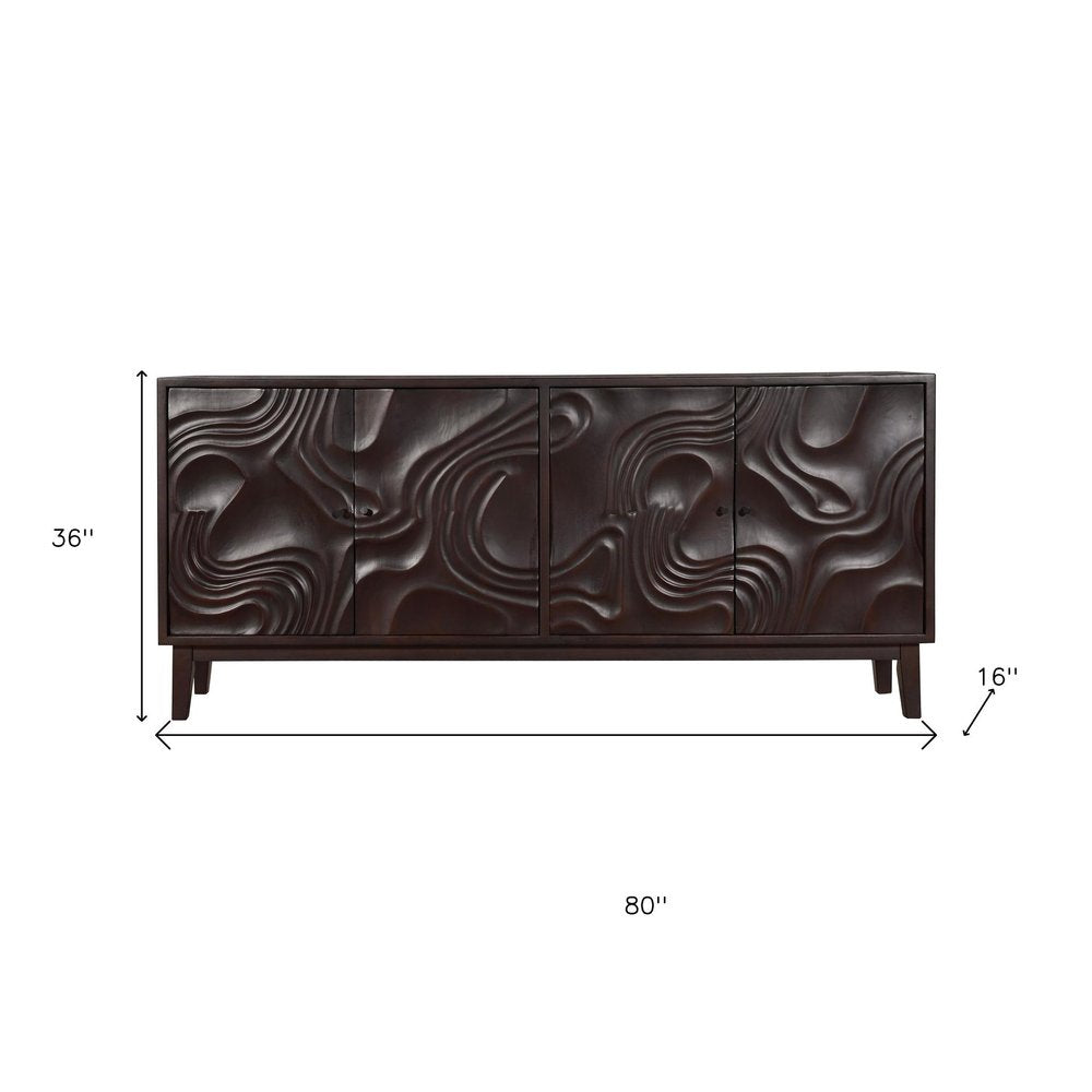 80" Dark Brown Solid Wood Carved Abstract Sideboard with Four Doors on a white background