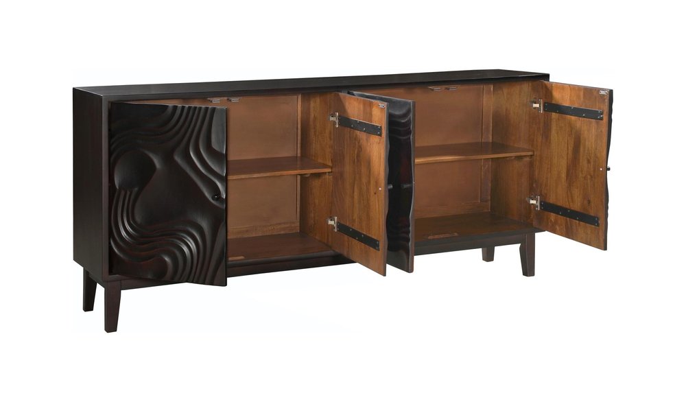 80" Dark Brown Solid Wood Carved Abstract Sideboard with Four Doors on a white background