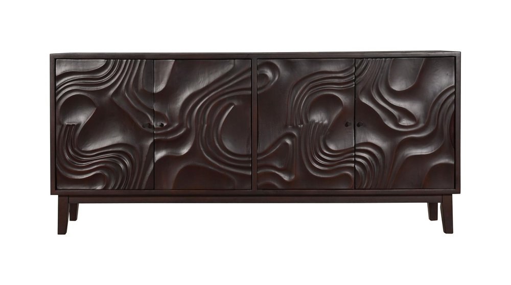 80" Dark Brown Solid Wood Carved Abstract Sideboard with Four Doors on a white background