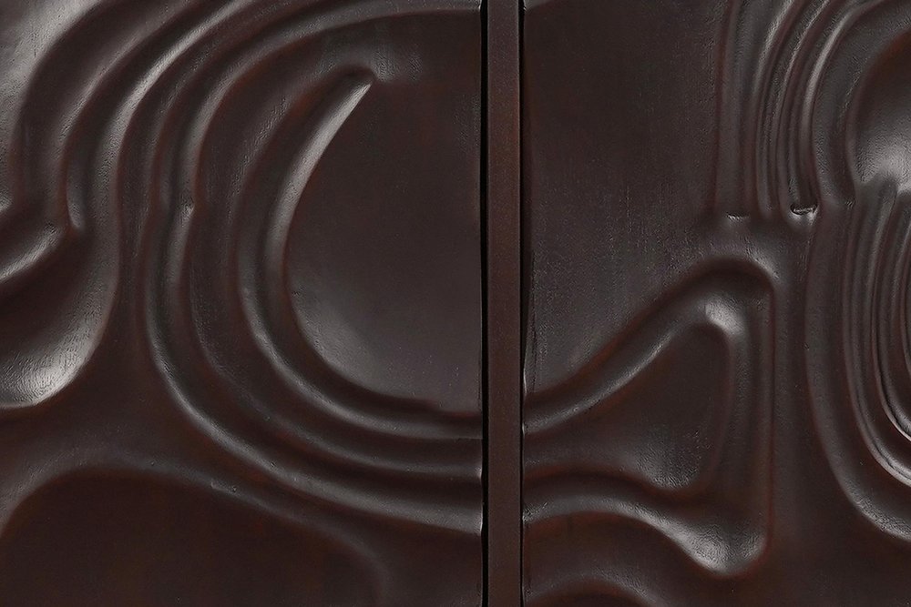 80" Dark Brown Solid Wood Carved Abstract Sideboard with Four Doors close-up detail