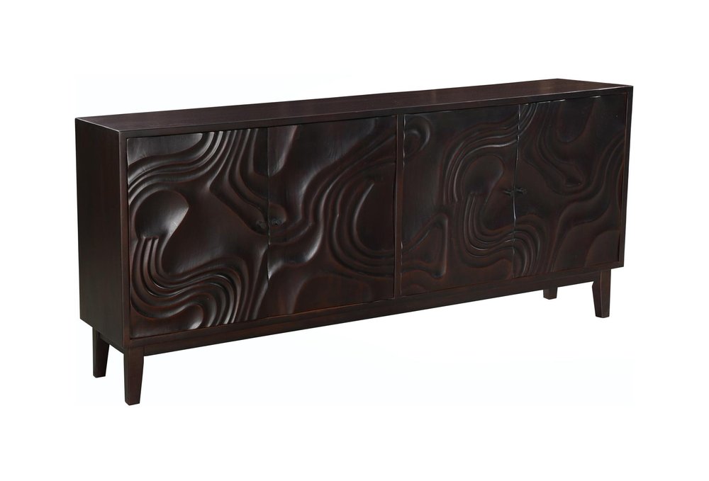 80" Dark Brown Solid Wood Carved Abstract Sideboard with Four Doors on a white background