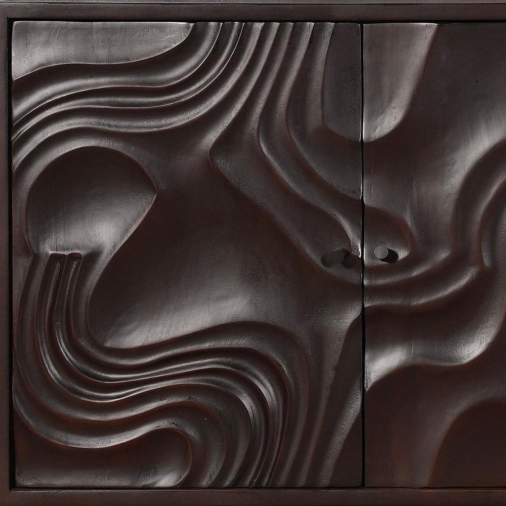 80" Dark Brown Solid Wood Carved Abstract Sideboard with Four Doors close-up detail