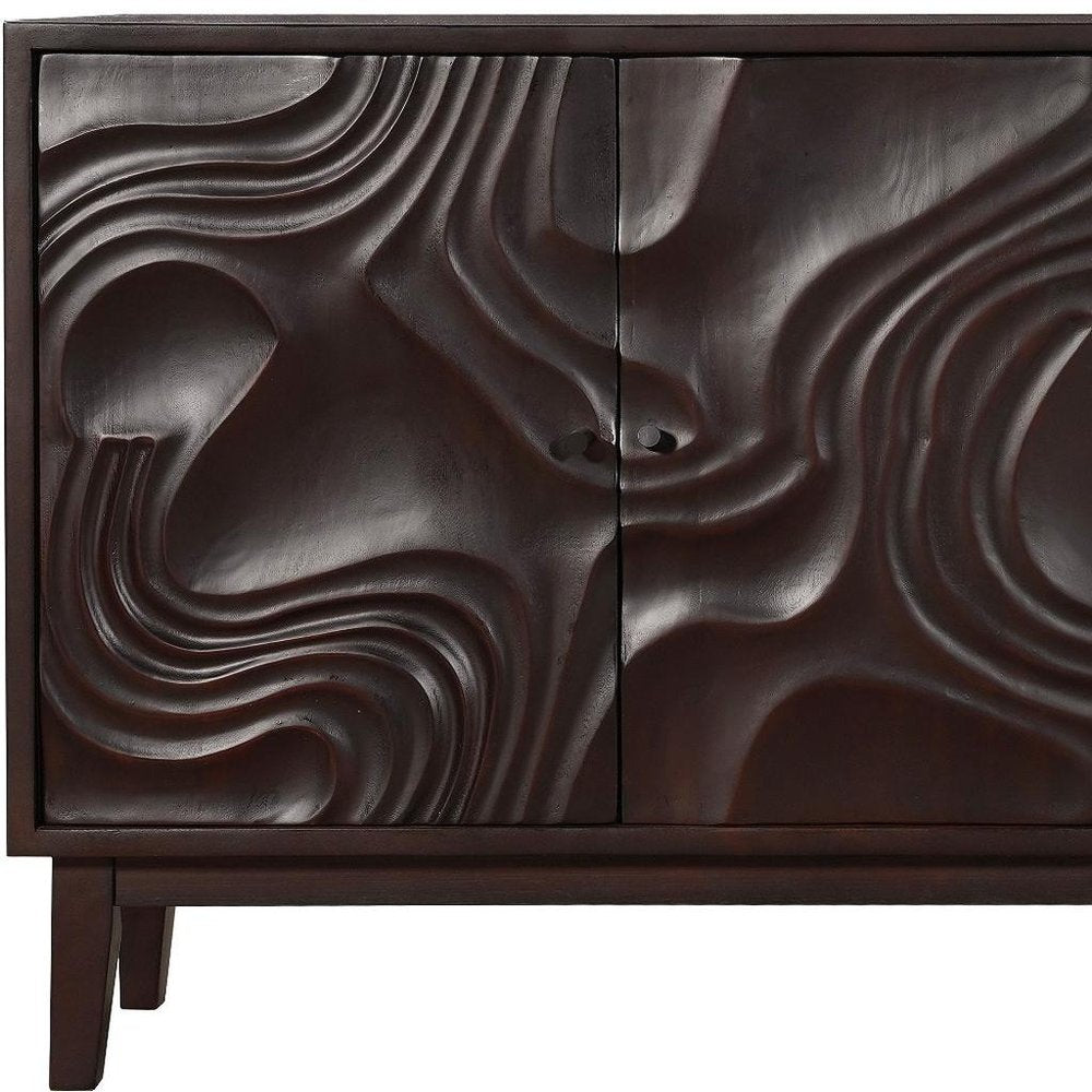 80" Dark Brown Solid Wood Carved Abstract Sideboard with Four Doors close-up detail