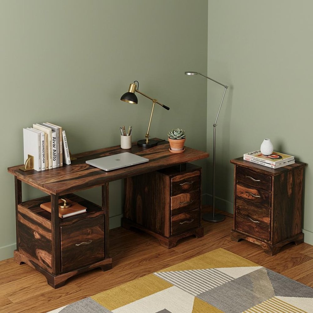 68" Dark Brown Solid Wood Pedestal Executive Desk With Seven Drawers