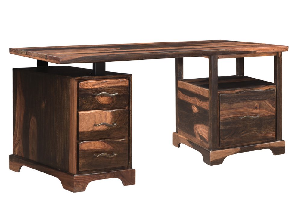 68" Dark Brown Solid Wood Pedestal Executive Desk With Seven Drawers