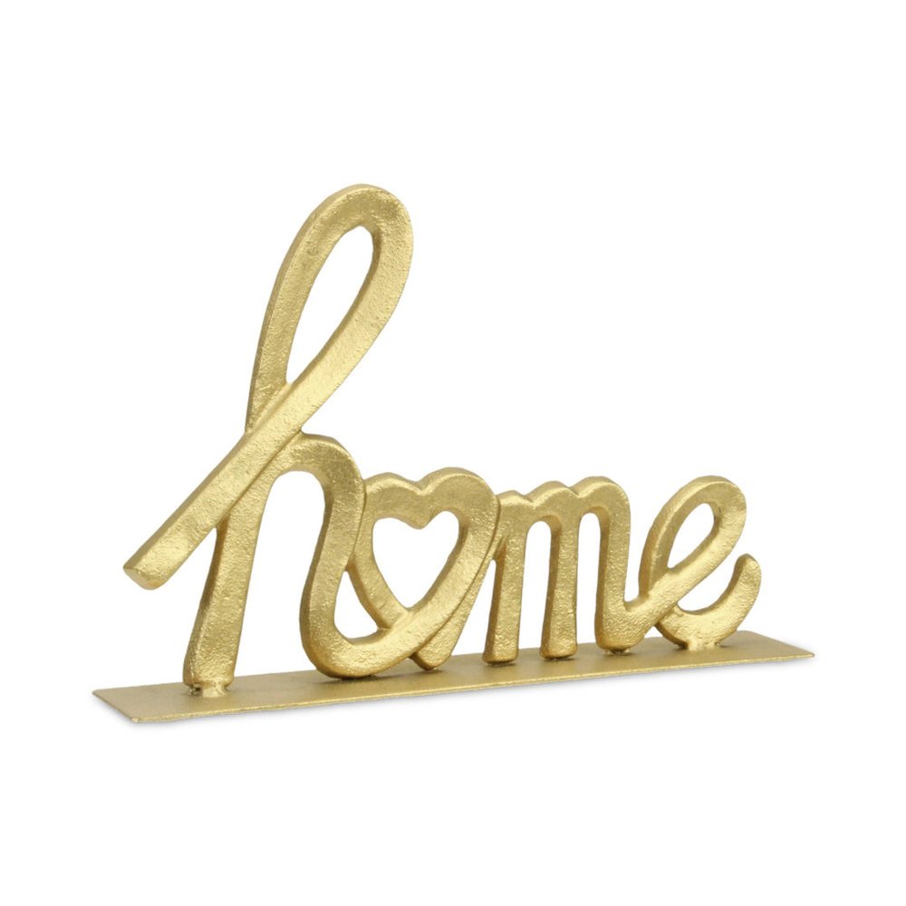 12" Gold Cast Iron Home Hand Painted Tabletop Sign. Home product isolated on a plain white background, finished in gold metal.