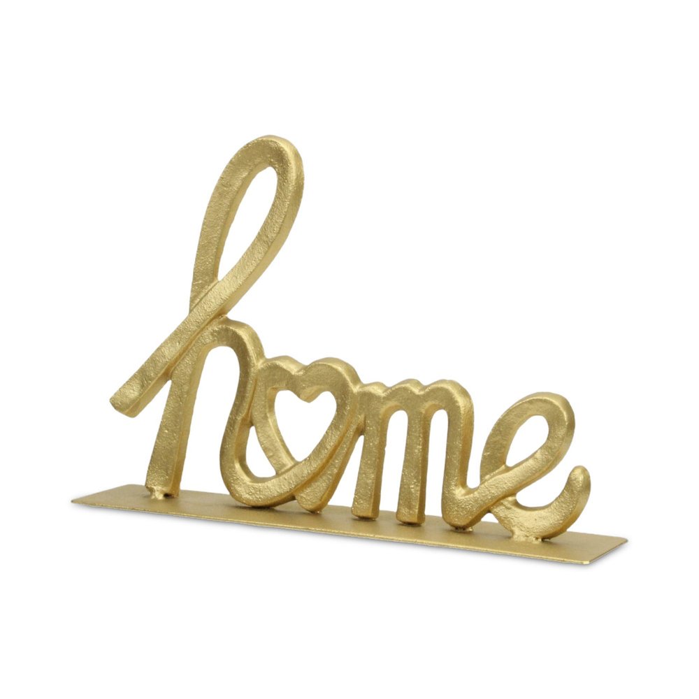 12" Gold Cast Iron Home Hand Painted Tabletop Sign. Home product isolated on a plain white background, in a gold metal finish.