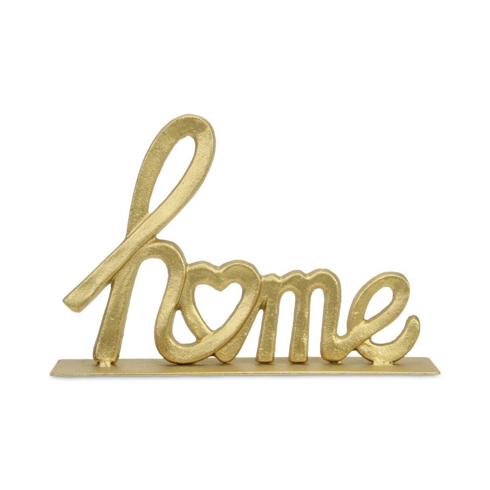 12" Gold Cast Iron Home Hand Painted Tabletop Sign. Home product isolated on a plain white background, in a gold metal finish.