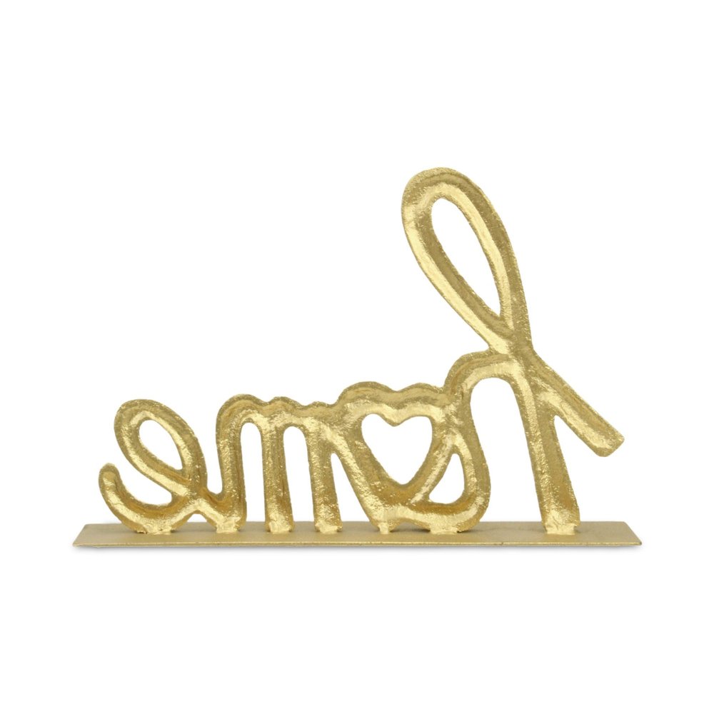 12" Gold Cast Iron Home Hand Painted Tabletop Sign. Home product isolated on a plain white background, finished in gold metal.