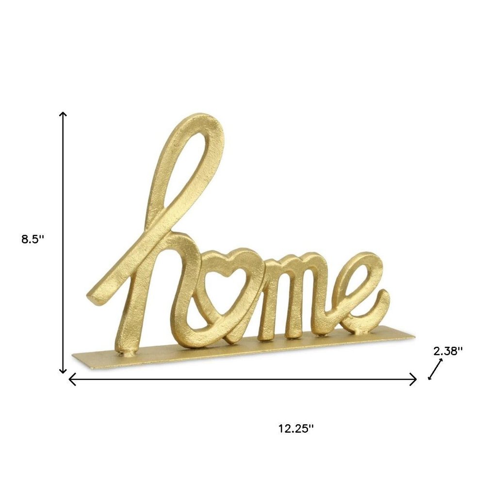 12" Gold Cast Iron Home Hand Painted Tabletop Sign. Home product isolated on a plain white background, in a gold metal finish.