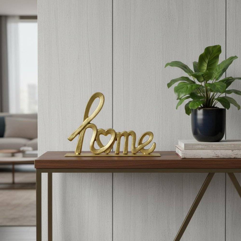 12" Gold Cast Iron Home Hand Painted Tabletop Sign. Home product in gold metal.