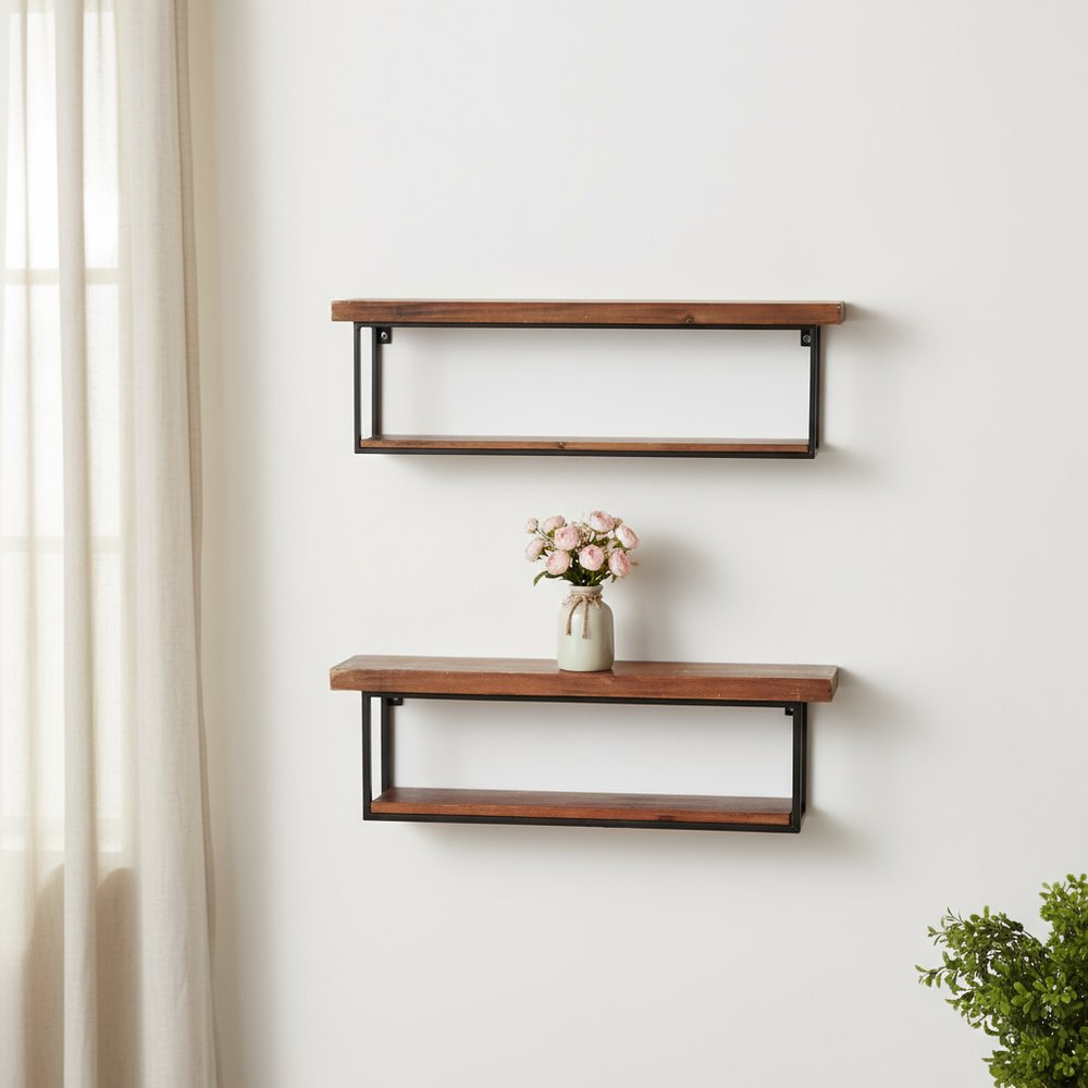 Cropped view of 36" Set Of Two Black And Brown Wood And Metal Two Level Accent Shelf focusing on the brown metal surface.
